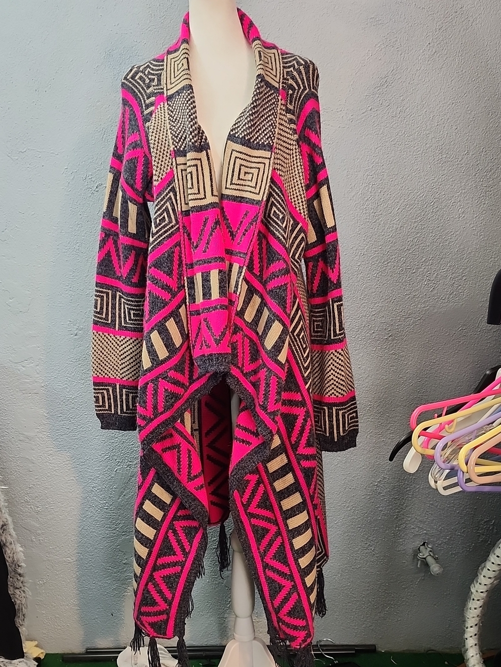 Davi&Dani Open-Front Geometric Knit Sweater Cardigan - Hot Pink & Black